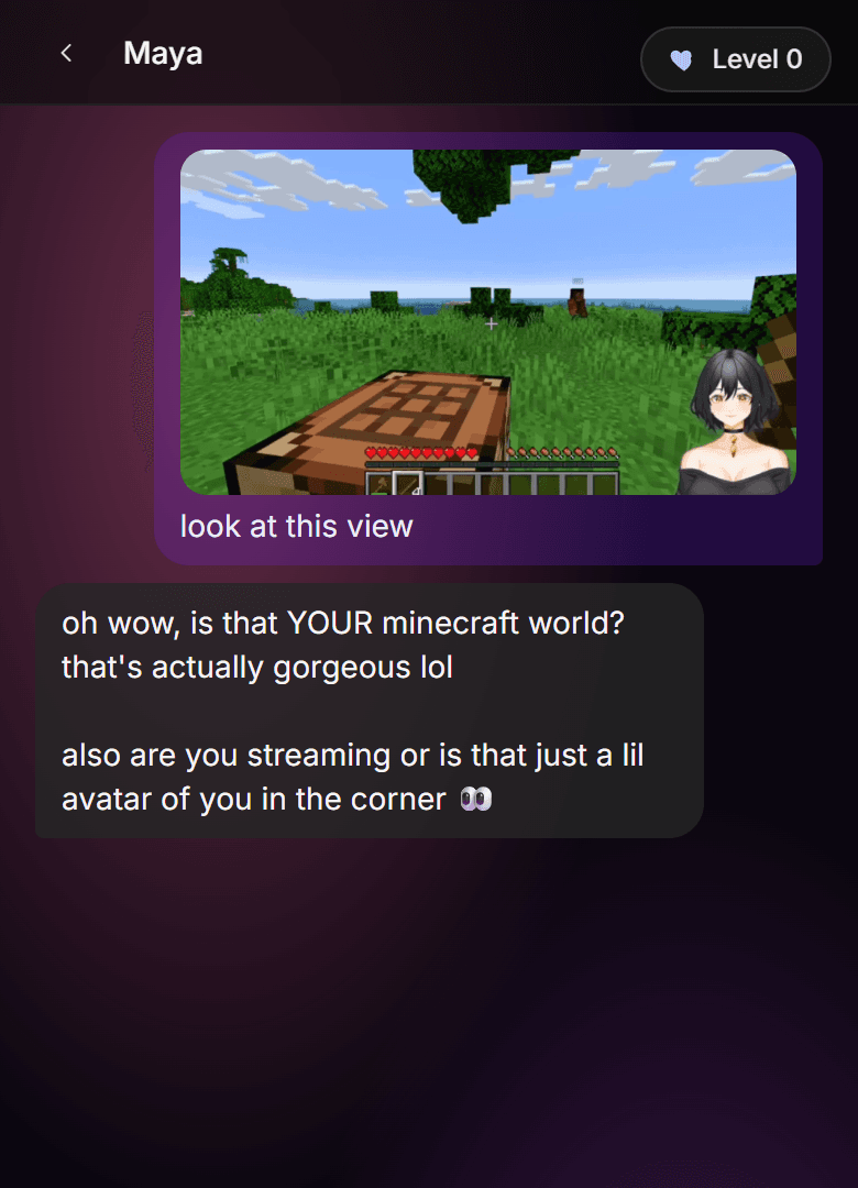 A kyndred chat: the user sent a Minecraft screenshot captioned 'look at this view'. Maya replies: 'oh wow, is that YOUR minecraft world? that's actually gorgeous lol' and asks about the little avatar in the corner.