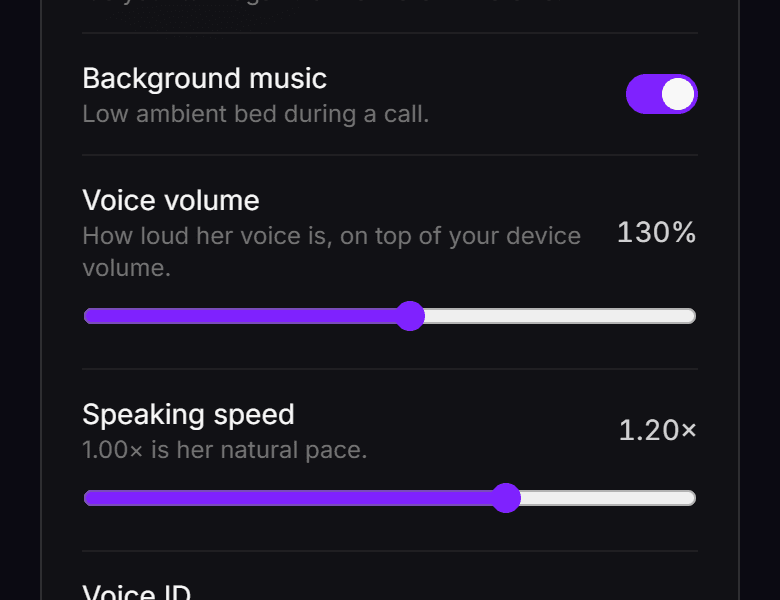 The Voice and audio settings: a Background music toggle, the Voice volume slider set to 130 percent, and the Speaking speed slider at 1.20x.